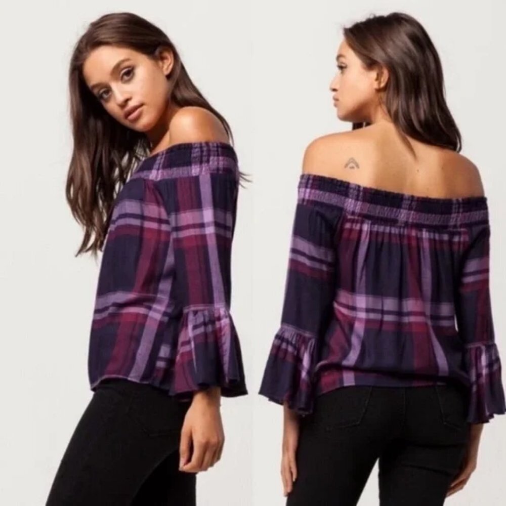 Ivy & Main Tilly's Purple Plaid Smocked Off the Shoulder Top Large NWT